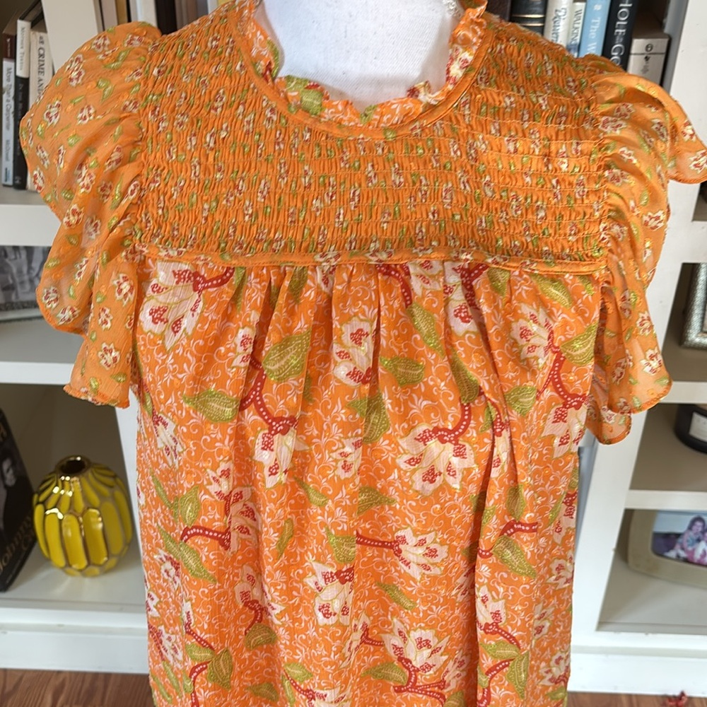 Orange Floral Flutter Sleeve Blouse Medium Cottagecore Boho Spring Anthropologie - Picture 2 of 12